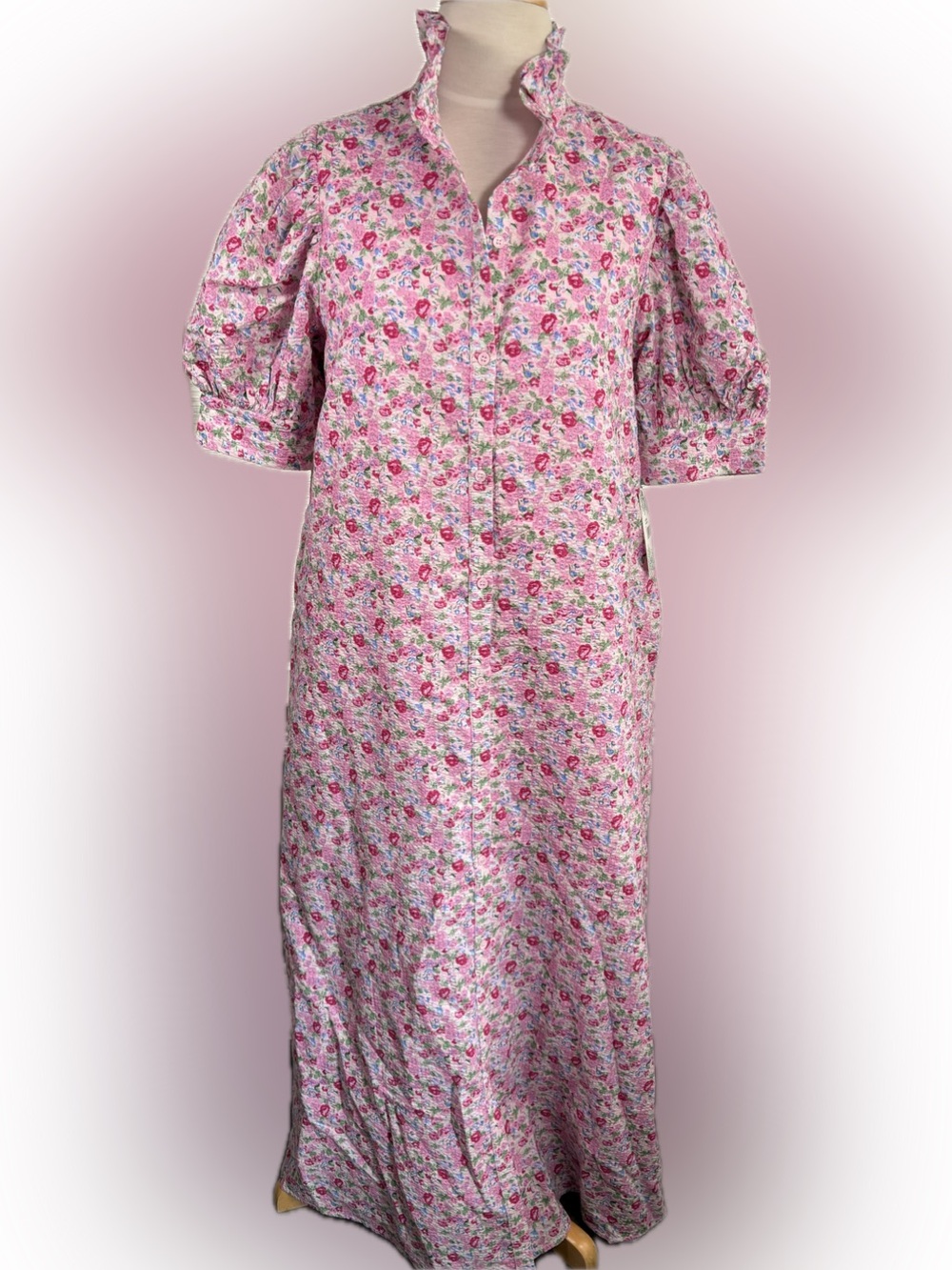 Hyacinth House Ditz Pink Floral Maxi Button Front Dress with Ruffled Collar